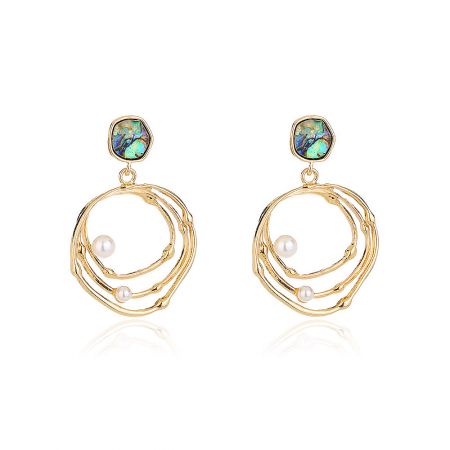Delicate Pearl Round Wire Hoop Earrings - A pair of Delicate Pearl Round Wire Hoop Earrings in gold, featuring elegant pearl accents and shimmering iridescent stones, showcasing a minimalist design.