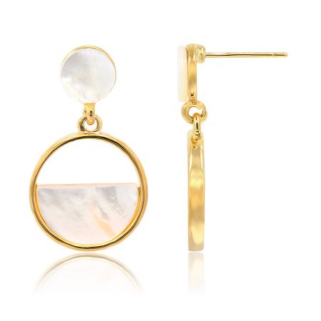 Side view of the gold-plated half disc earring, showcasing its modern design and mother-of-pearl detail.
