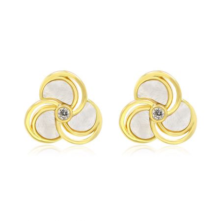 Shell Petal Flower Stud Earrings - A detailed studio shot of the Shell Petal Flower Stud Earrings, highlighting the gold-plated brass and the intricate white shell petal inlays.