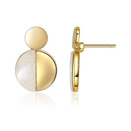 Detailed view of the gold and white Mini Half Disc Stud Earrings, showcasing the mother-of-pearl texture.