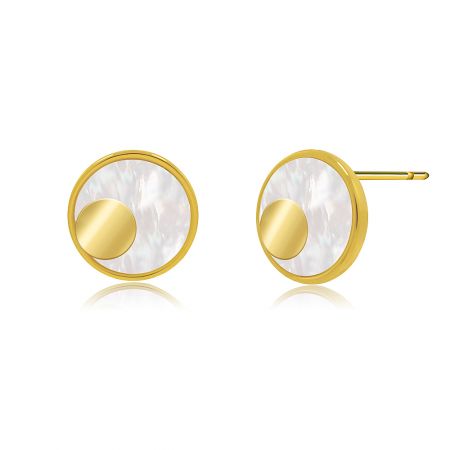 Contemporary Style Shell Disc Studs - A close-up view of the Contemporary Style Shell Disc Studs, showcasing the intricate mother-of-pearl inlay set in a polished gold-plated brass frame.