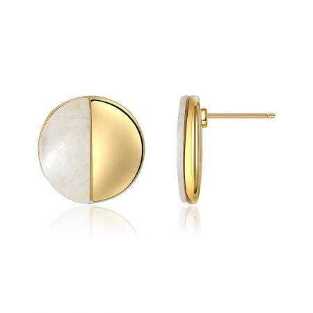Close-up view of the Half Disc Shell Polished Earrings, highlighting the intricate mother-of-pearl inlay within the gold-plated setting.
