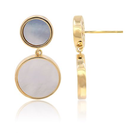 Close-up view of the gold earrings showcasing the white circular mother-of-pearl stones.