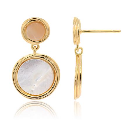 Close-up view of the gold shell disc earrings showcasing the mother-of-pearl texture.