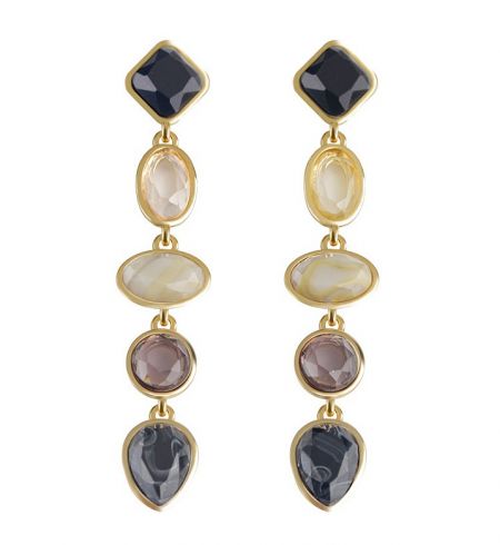 Detailed view of the multi-colored gemstones on the resin tear drop earrings.