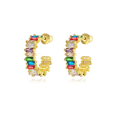 Rainbow Medium Baguette Hoop Earrings - A pair of Rainbow Medium Baguette Hoop Earrings, made of gold-plated brass with a row of vibrant, multi-colored cubic zirconia gemstones.