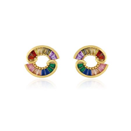 Round Multi Colour Stud Earrings - A pair of round multi-colour stud earrings with gold plating, featuring a circular split design adorned with vibrant cubic zirconia gemstones.