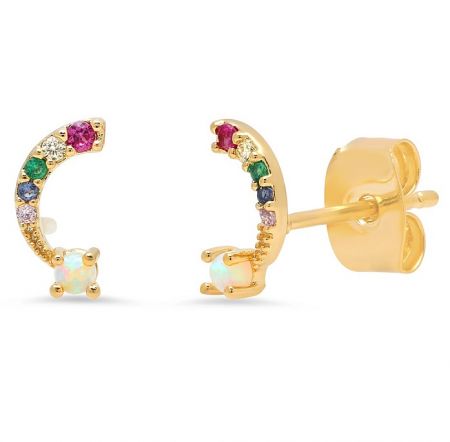 Tiny Crescent Moon Stud Earrings - A close-up of the Tiny Crescent Moon Stud Earrings, showing the gold plating and sparkling multicolored cubic zirconia gemstones.