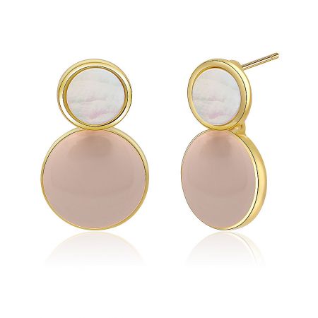 A close-up shot of the gold earrings, emphasizing the intricate details of the opal and pink stones.