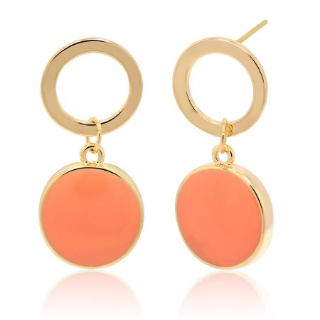 Side profile of the gold earrings with orange enamel drops, highlighting the post closure.