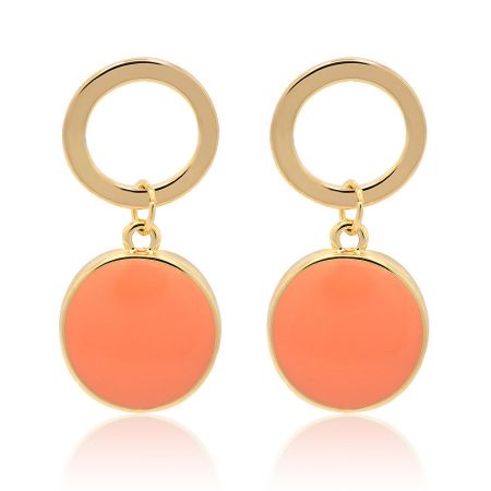 Spring Orange Enamel Round Disc Earrings - Spring Orange Enamel Round Disc Earrings, featuring gold studs with vibrant orange circular pendants.