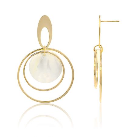 Close-up view of the gold hoop earring showcasing the white seashell centerpiece and modern design.