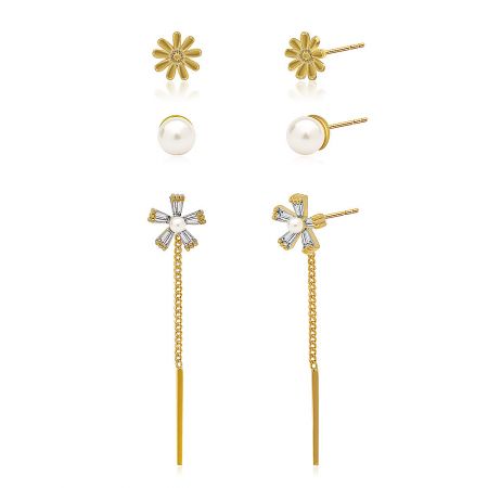 Detailed view of the gold-tone flower earrings, showcasing the intricate pearl and gemstone accents.