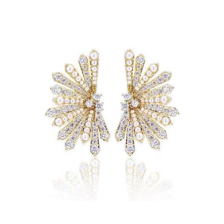 Pearl Fan Shaped Stud Earrings - A pair of elegant Pearl Fan Shaped Stud Earrings in a gold tone, adorned with white plastic pearls and sparkling crystals.