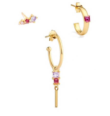 Pink Hoop Drop Earrings Set - A set of three gold-plated Pink Hoop Drop Earrings (JRE-145) featuring two hoops and one bar earring, all adorned with sparkling pink and purple cubic zirconia stones.