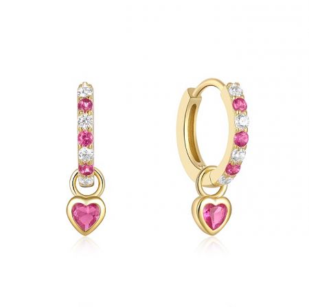 Alternative color option for the heart dangle earrings, featuring pink and white gemstones.