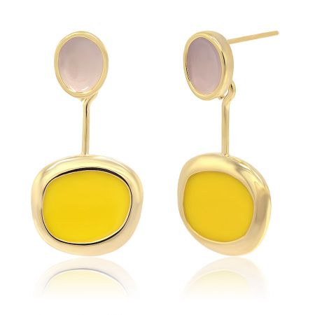 Detailed close-up of the beige and yellow enamel disc earrings, showing the craftsmanship and vibrant colors.