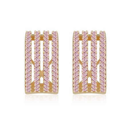 Brick Road Huggie - Gold-Plated CZ Hoop Earrings - A pair of Brick Road Huggie earrings, featuring four rows of pink cubic zirconia pave-set on a gold-plated brass hoop with a modern design.
