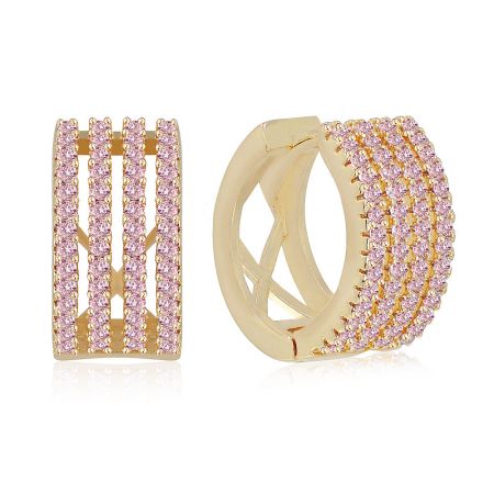 Side view of the Brick Road Huggie gold-plated earring, showcasing the detailed pave setting of the pink gemstones.