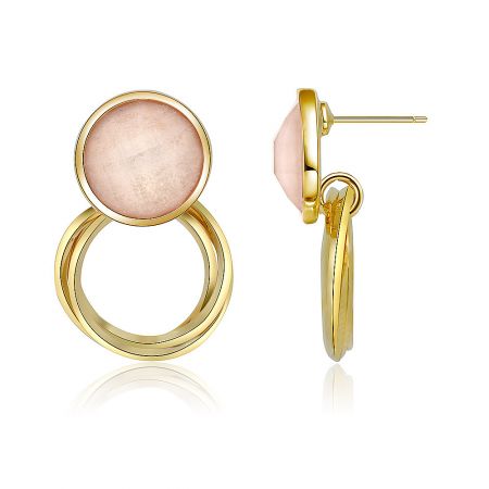 Close-up view of the gold hoop earrings showcasing the light pink gemstones with a smooth, matte finish.