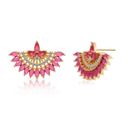 Detailed view of the Pinky Fan Studs showcasing the intricate gold work, pink gemstones, and sparkling white diamonds.