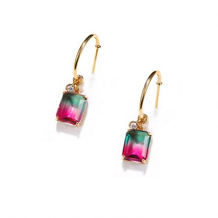 A pair of the Gold Drop Rainbow Hoop Earrings displayed against a white background.