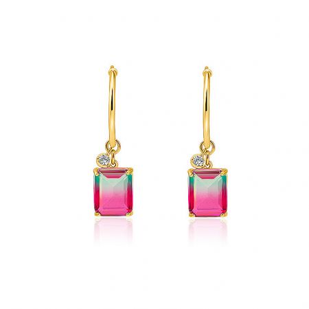 Detailed view of the rainbow gemstone earring, highlighting the gradient colors and diamond details.