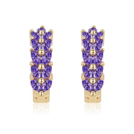 Huggie Purple Hoops - Front view of Huggie Purple Hoops, featuring multiple rows of brilliant AAA quality purple cubic zirconia set in polished gold-plated brass.