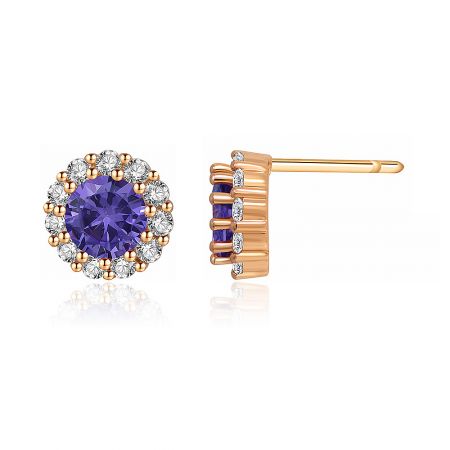 Side view of the rose gold amethyst stud earrings highlighting the intricate setting and sparkle of the cubic zirconia stones.