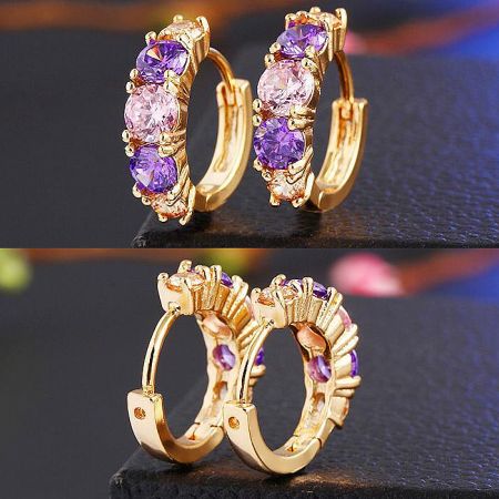 Front and side profile of the multi-color CZ gold hoop earrings.