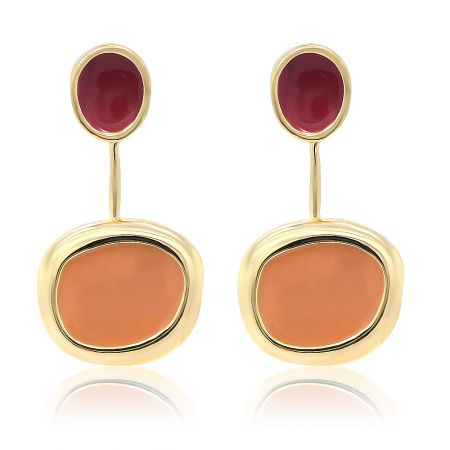 Color Enamel Disc With Two Tone Earrings - Red & Brown - A pair of Color Enamel Disc Two Tone Earrings in red and brown, showcasing the gold plating and epoxy design.