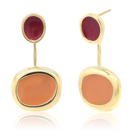 Side view of the two-tone enamel disc earrings, highlighting the red and brown colors.