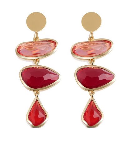 Multi Color Resin Statement Earrings - Multi-Color Resin Statement Earrings featuring a gold dangle design with vibrant red and pink gemstones.