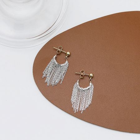 Silver Plated Stylish Fashion Tassel Drop Earrings (5 Pairs) - A pair of stylish silver-plated tassel drop earrings with a gold post and ball design, showcasing the delicate silver chain tassels.