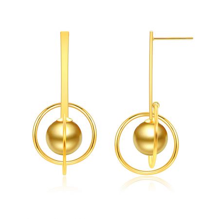 Angled view of the Gold Drops Of Pearl Earrings, highlighting the double-layered circular design and lustrous finish.
