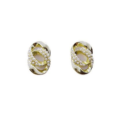 Cuban Link Pearl Earrings - A pair of Cuban Link Pearl Earrings with a gold and white intertwined design, featuring a central pearl and clear stone embellishments.