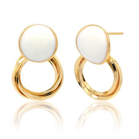 Side and front profile of the gold-plated enamel stud earrings, highlighting their unique curved design.