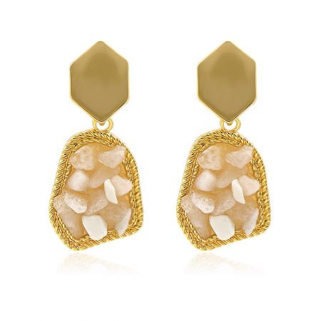 Raw Stone Earrings In Beige - A pair of Raw Stone Earrings in Beige, featuring gold-plated brass and sparkling white crystal inlays on a white background.