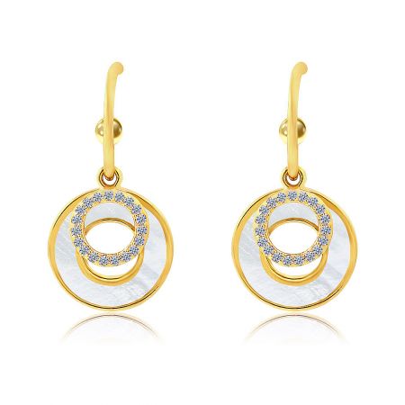 Alternate view of the gold shell earrings, featuring a circular design with white inlay and a central blue gemstone accent.