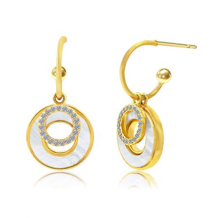 Hook Shell Earring For Women - Close-up of the Hook Shell Earrings, showcasing the intricate gold-plated design with a white shell inlay and sparkling cubic zirconia accents.