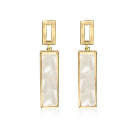 White Shell Print Resin Earrings - A pair of White Shell Print Resin Earrings, featuring gold-plated brass with rectangular white shell inlays, shown against a clean background.