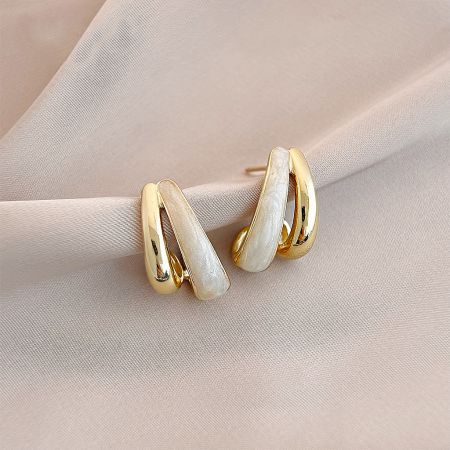 Retro 14k Gold Plated Enamel Double Layered Stud Earrings (5 pairs) - A pair of retro-style 14k gold-plated stud earrings with a twisted, double-layered design and white enamel inlays, on a clean background.