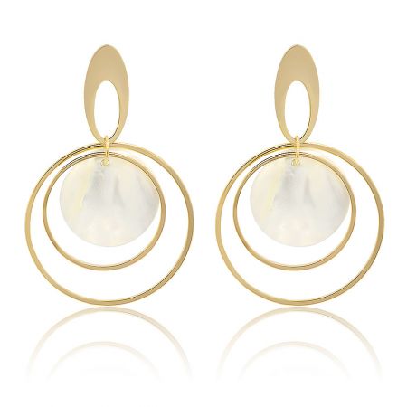 White Shell Round Disc Hoops Women Earrings - A pair of White Shell Round Disc Hoop Women Earrings, featuring a gold-plated double-layered circular design with a central white seashell accent.