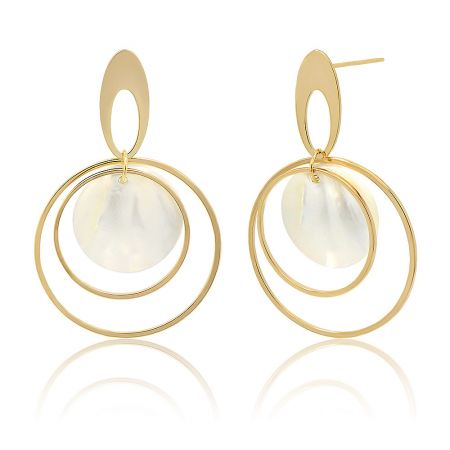 Angled shot of the White Shell Round Disc Hoops, highlighting the lustrous gold plating and elegant form.