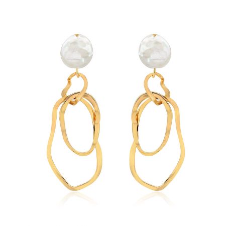 Fresh Water Pearl Earrings Baroque Asymmetrical - Fresh Water Pearl Baroque Asymmetrical Earrings with gold interlocking oval-shaped rings on a white background.
