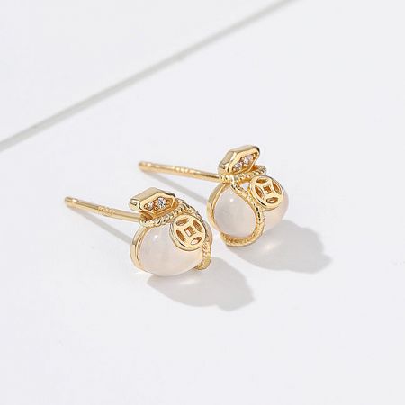 925 Sterling Silver Gold Plated Small Lucky Money Bag Stud Earrings (5 Pairs) - A close-up of the 925 sterling silver lucky money bag stud earrings, featuring a brilliant gold plating and accented with delicate white pearls and diamonds.
