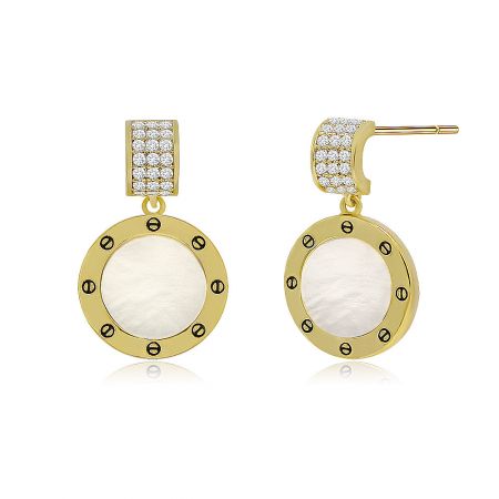 Detailed view of the Pave and Shell Drop Earring showing the post-back closure and textured gold frame.