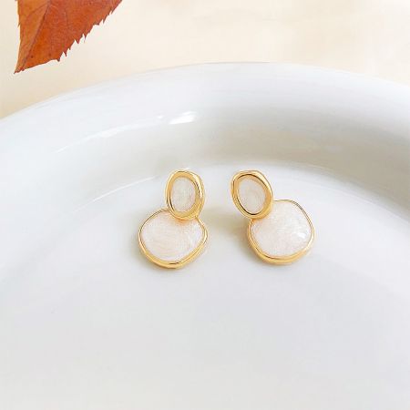 14k Gold Plated Cream White Enamel Circle Drop Earrings (Set of 5 Pairs) - A pair of 14k gold-plated circle drop earrings with cream-white enamel, displayed on a white surface.