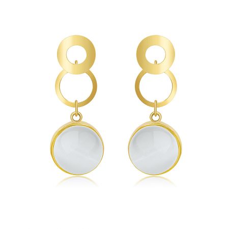 White Cat's Eye Dangling Earrings - A pair of White Cat's Eye Dangling Earrings, featuring gold-plated brass and a large 16mm white circular cat-eye stone against a white background.