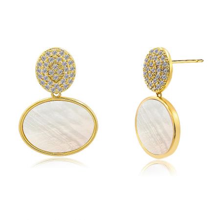 A detailed view of the Sparkling Oval Shell Dangle Post Earrings, showcasing the intricate gold setting with white stones and clear crystals.